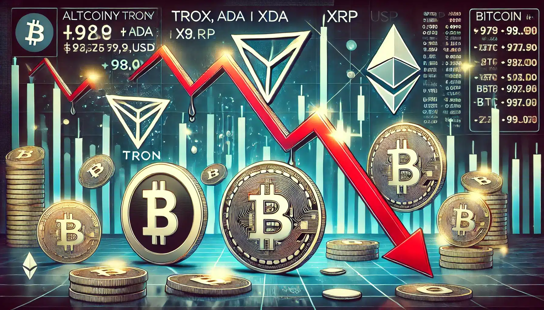 Altcoiny Tron, Cardano i XRP tracą na wartości, gdy Bitcoin spada poniżej 98 tys. USD